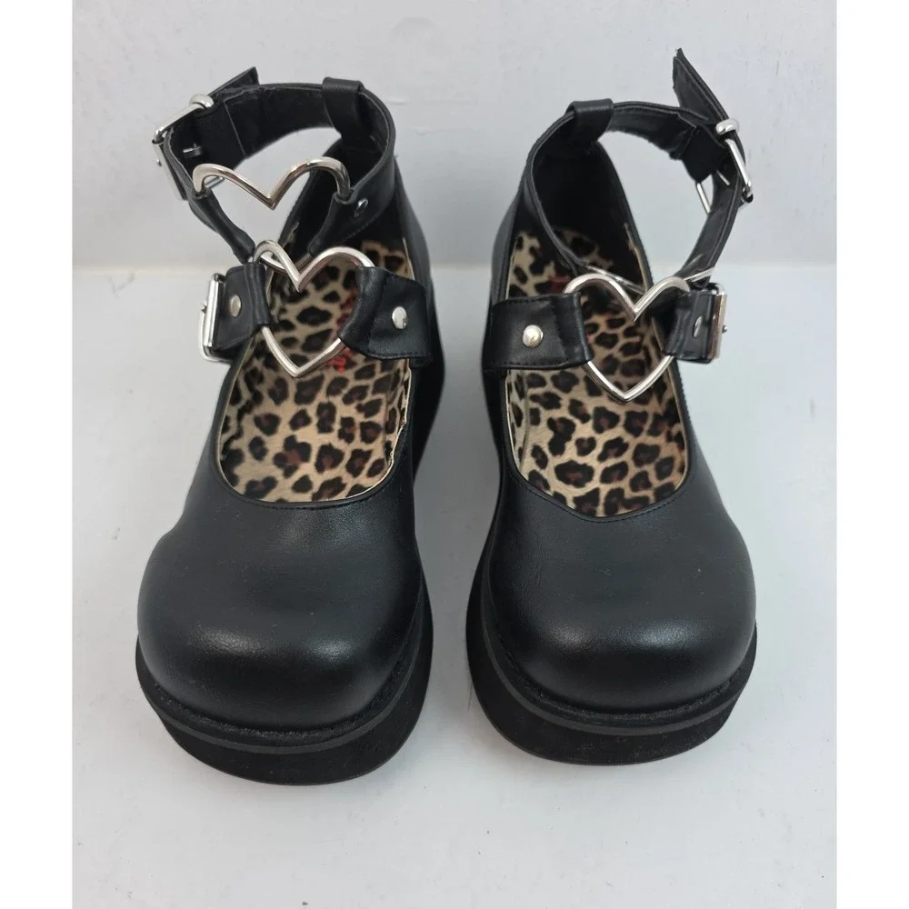 Demonia‎ Sprite-02 Women's Size 8 Black Mary Janes Heart Buckles Platform Goth